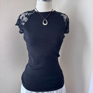 Cache Black Top with Lace Shoulders